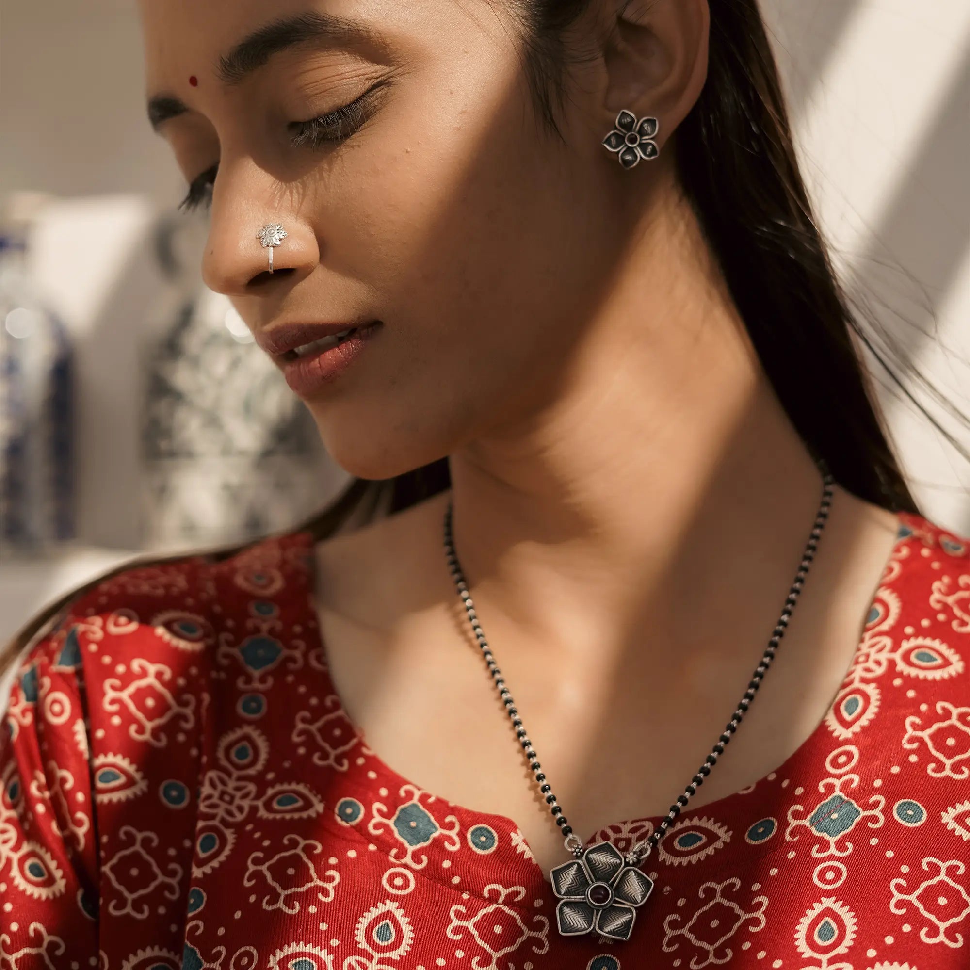 Handmade 925 Silver Lotus Mangalsutra with Pearl Bead Chain and Matching Earrings