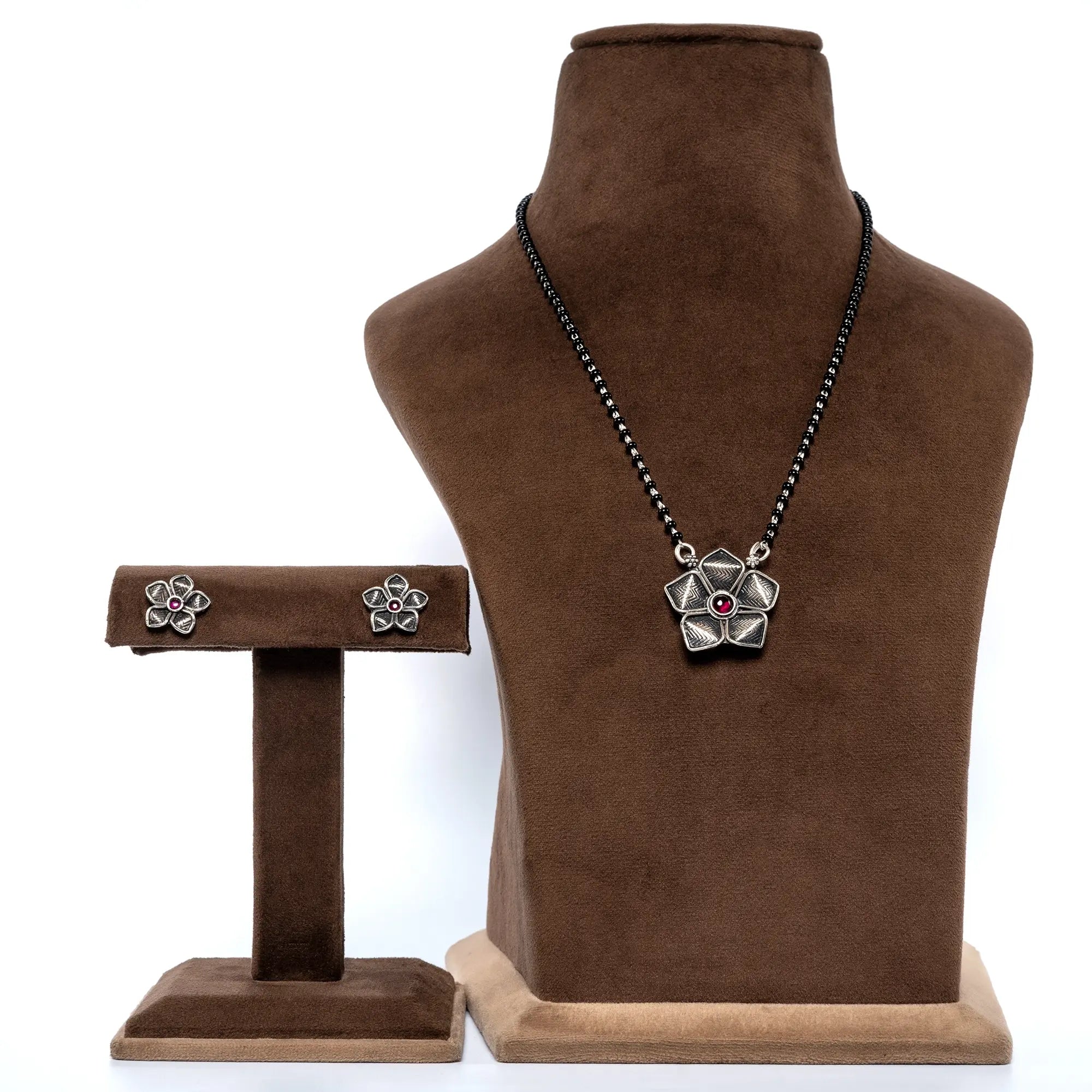 Handmade 925 Silver Lotus Mangalsutra with Pearl Bead Chain and Matching Earrings