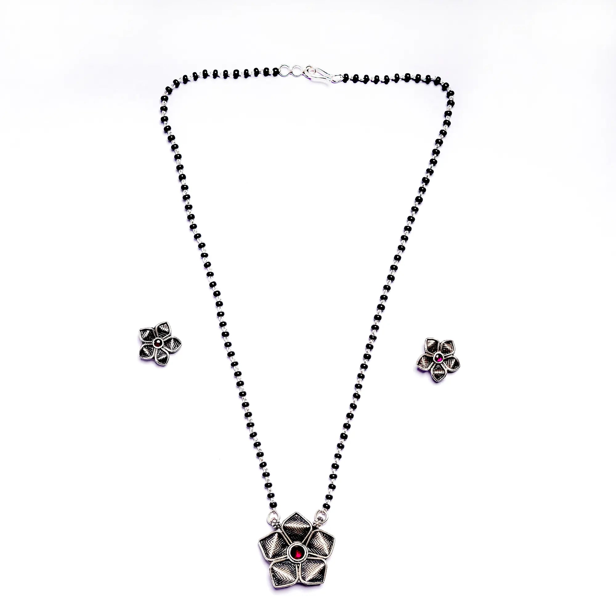 Handmade 925 Silver Lotus Mangalsutra with Pearl Bead Chain and Matching Earrings