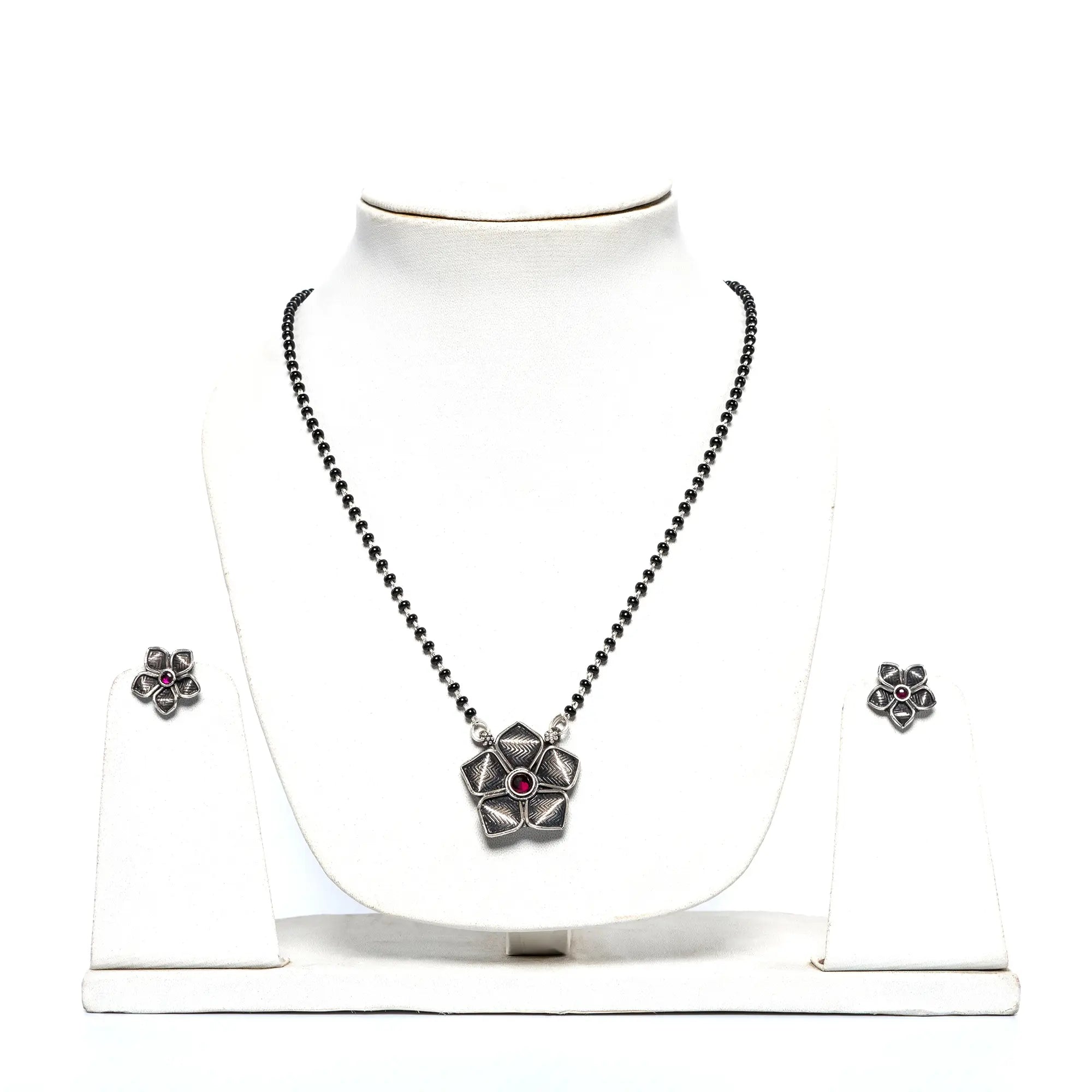 Handmade 925 Silver Lotus Mangalsutra with Pearl Bead Chain and Matching Earrings