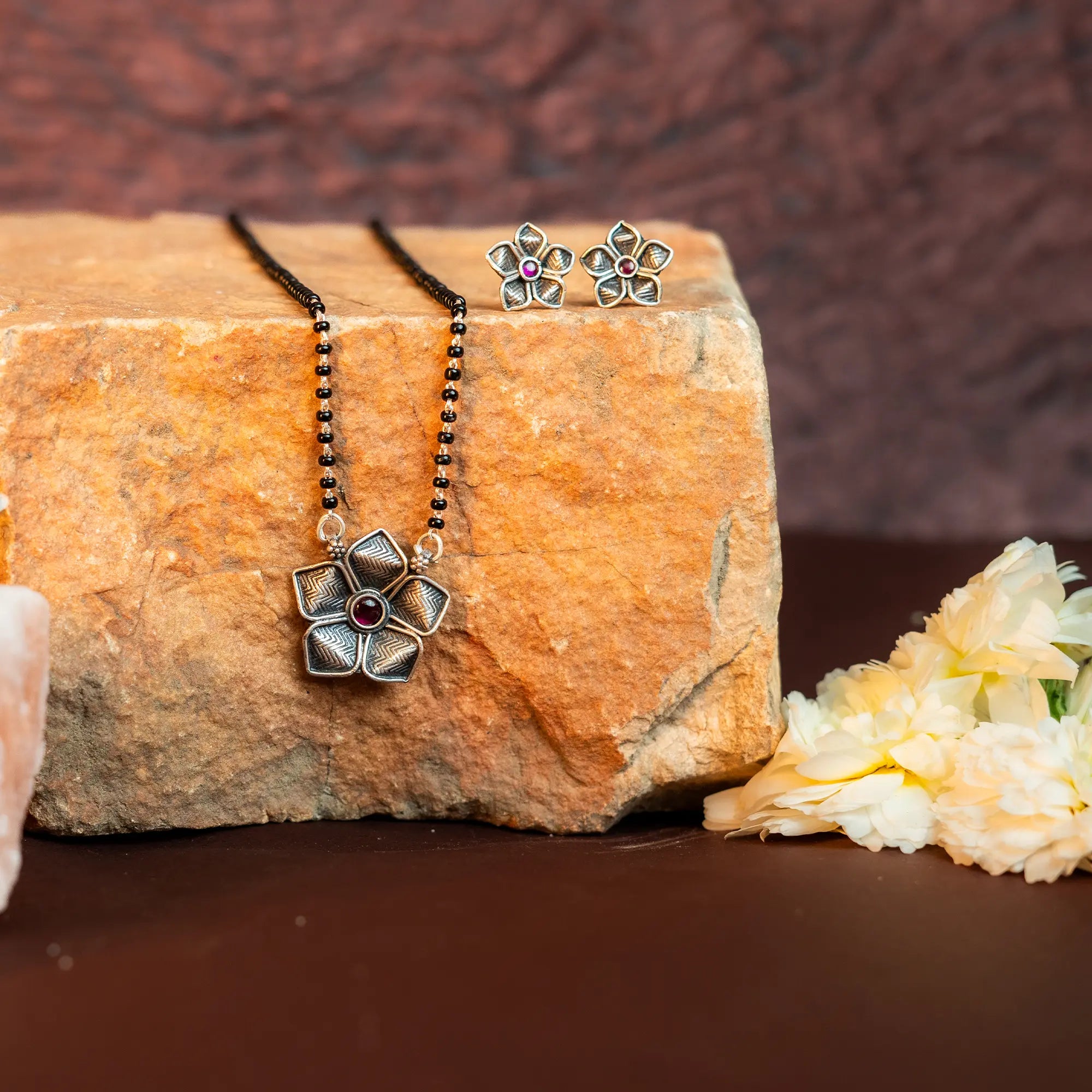 Handmade 925 Silver Lotus Mangalsutra with Pearl Bead Chain and Matching Earrings