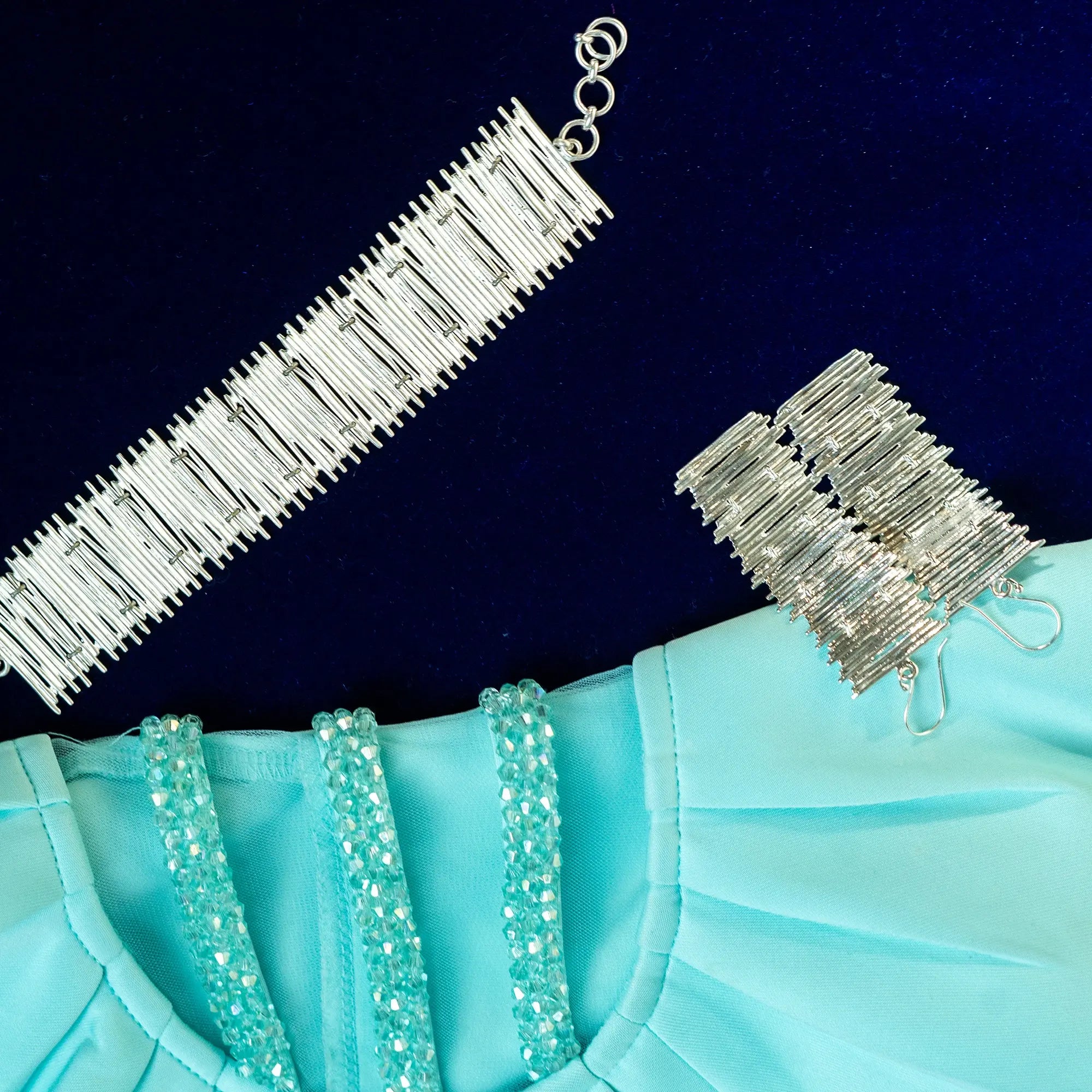 Bamboo Stick Chatai Bracelet Earring Set in Silver