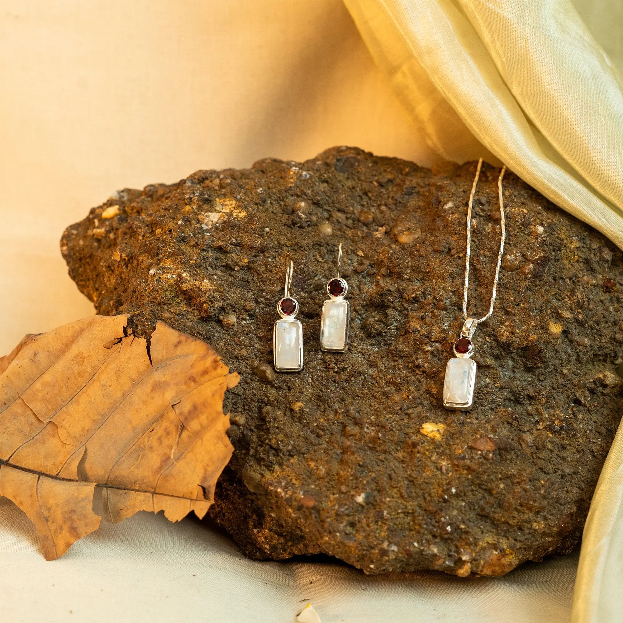 Geometric Stone Pandel Earring Set with Rose Quartz