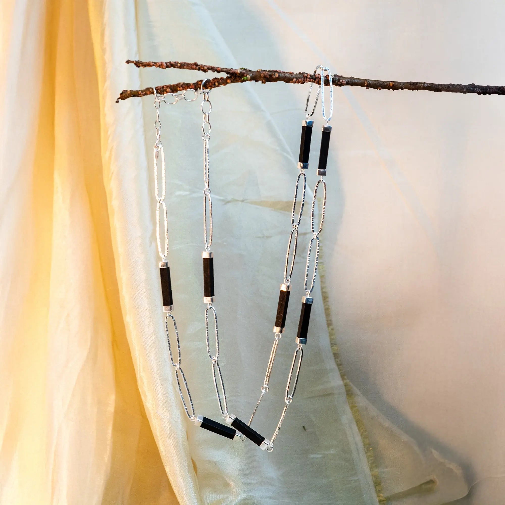 Silver Long Chain Necklace with Wooden Pieces