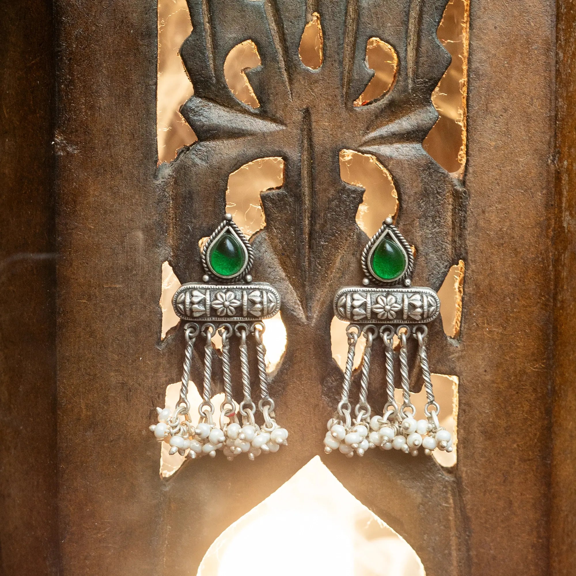 Handcrafted Hanging Pearl Earrings with Green Stone