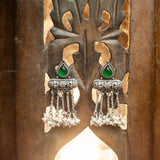 Handcrafted Hanging Pearl Earrings with Green Stone