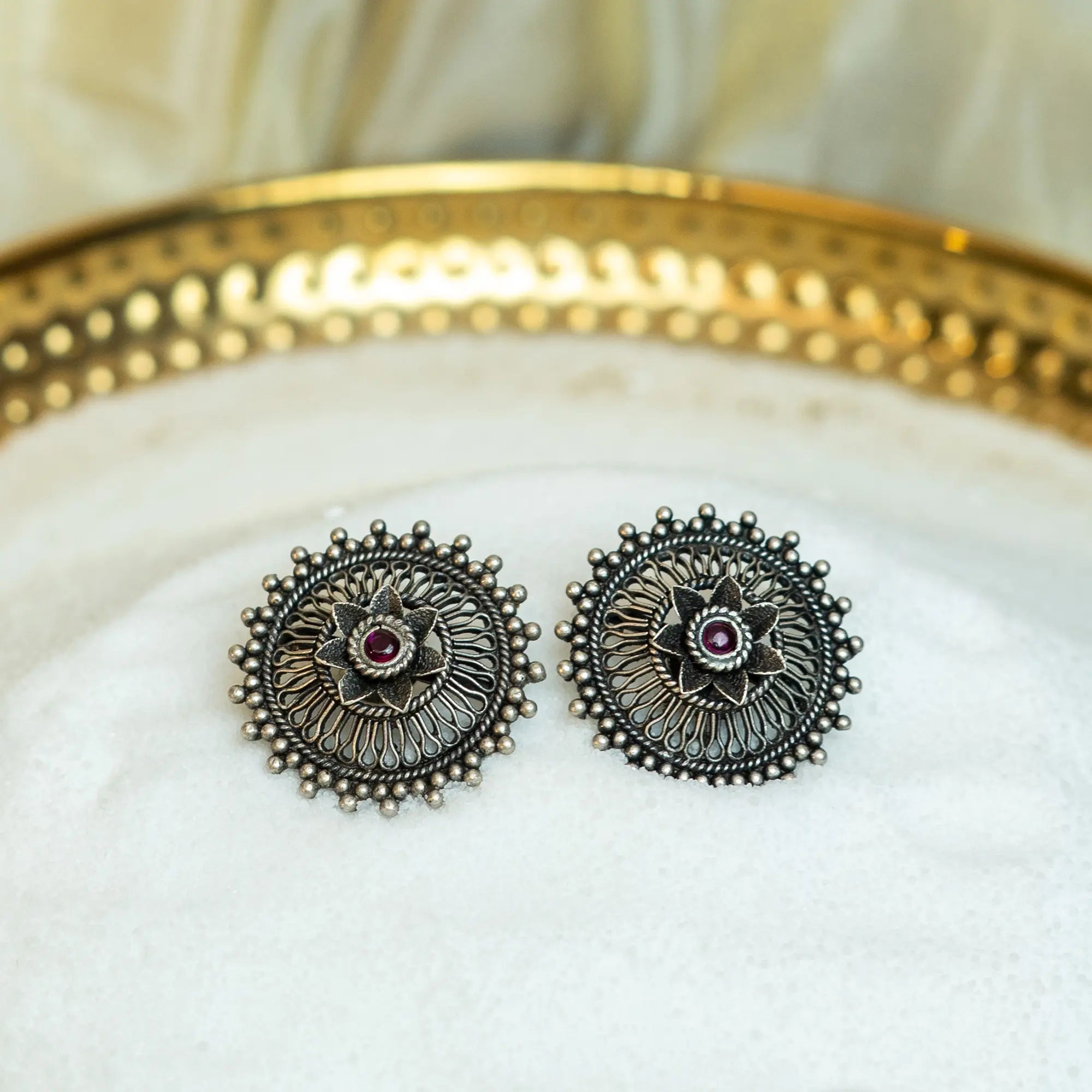 Silver Stud Earrings with Floral Centre