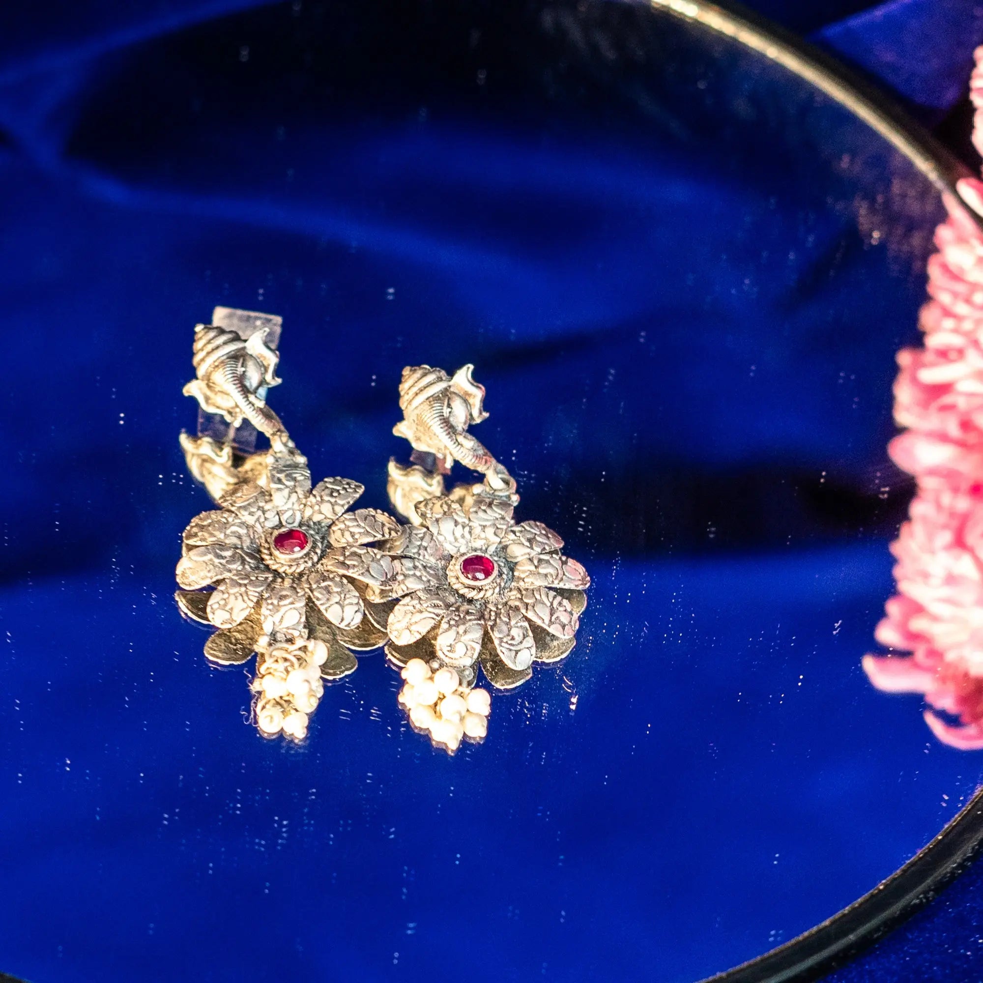 Ganesha Hanging Earring with Floral Drop