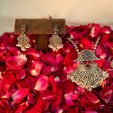 Handmade Long Silver Chain with Round Beads and Big Pendant with Hanging Pearls