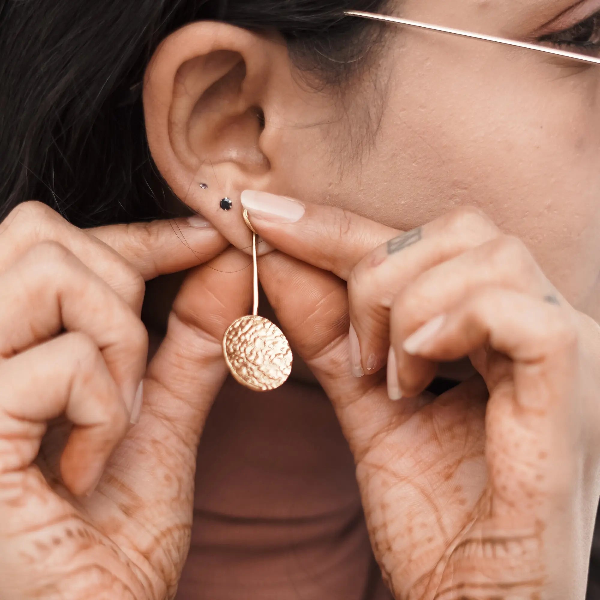 Handcrafted Textured Hanging Long Bar Gold-Plated Earrings