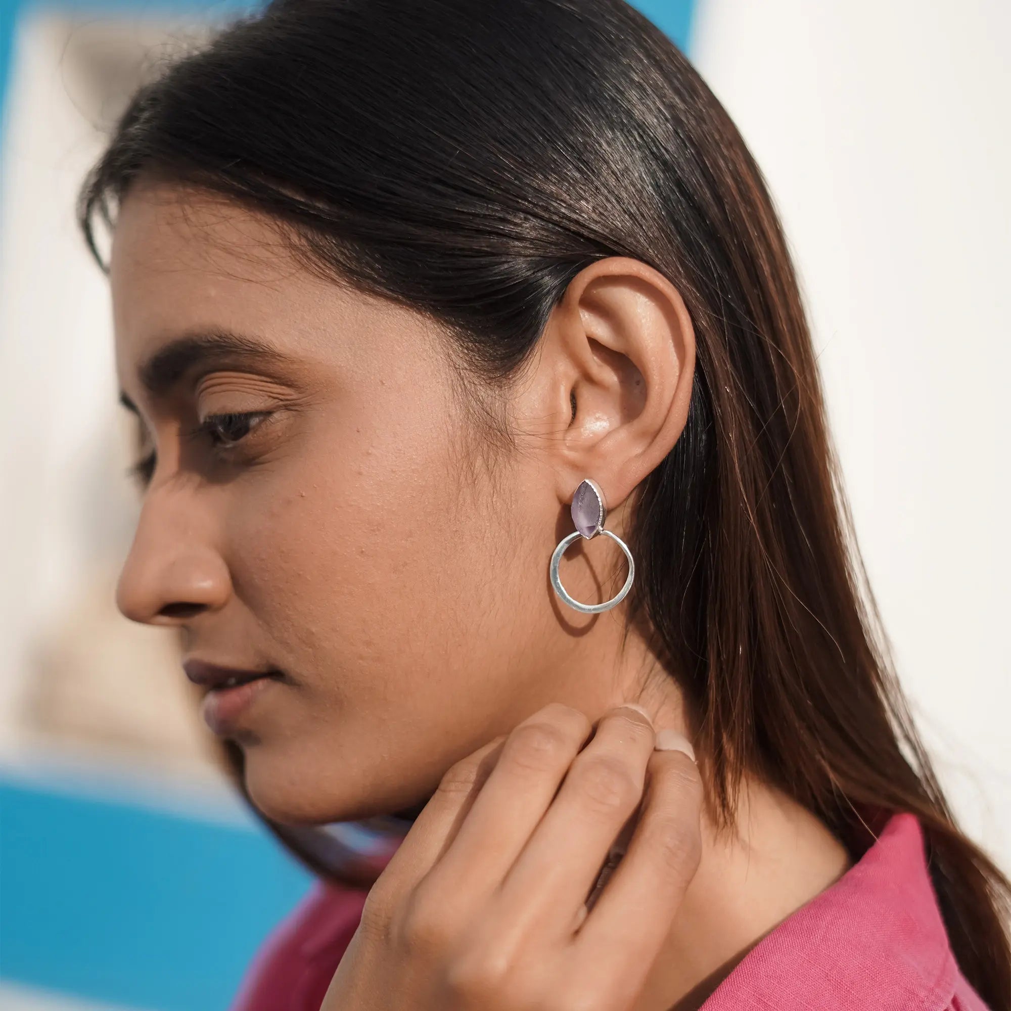 Natural Ruff Stone Earring- Amethyst