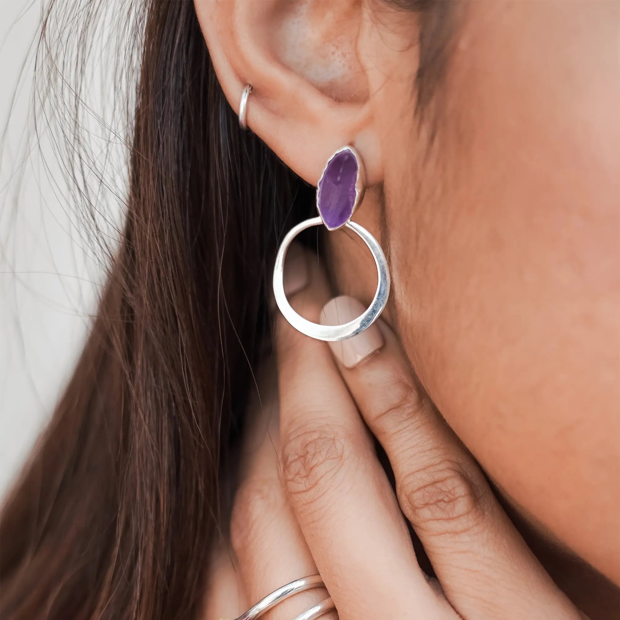 Natural Ruff Stone Earring- Amethyst
