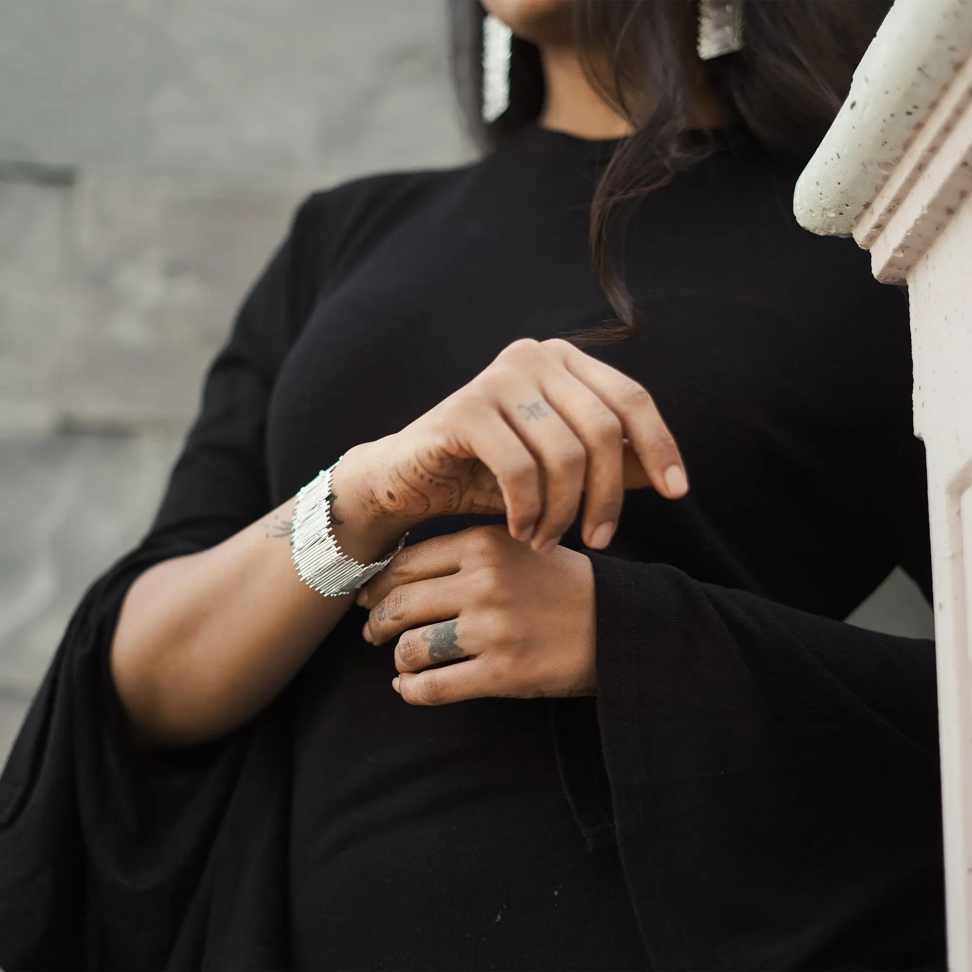 Bamboo Stick Chatai Bracelet Earring Set in Silver