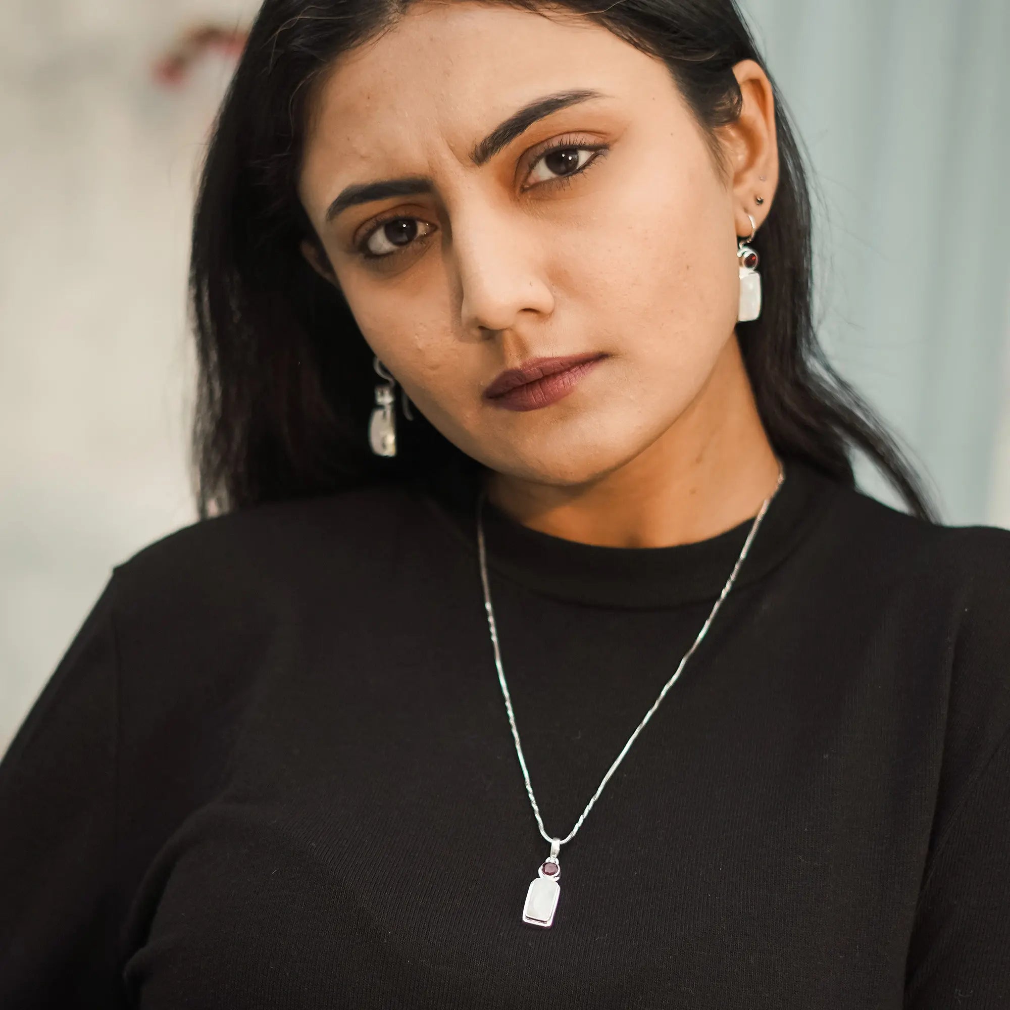 Geometric Stone Pandel Earring Set with Rose Quartz