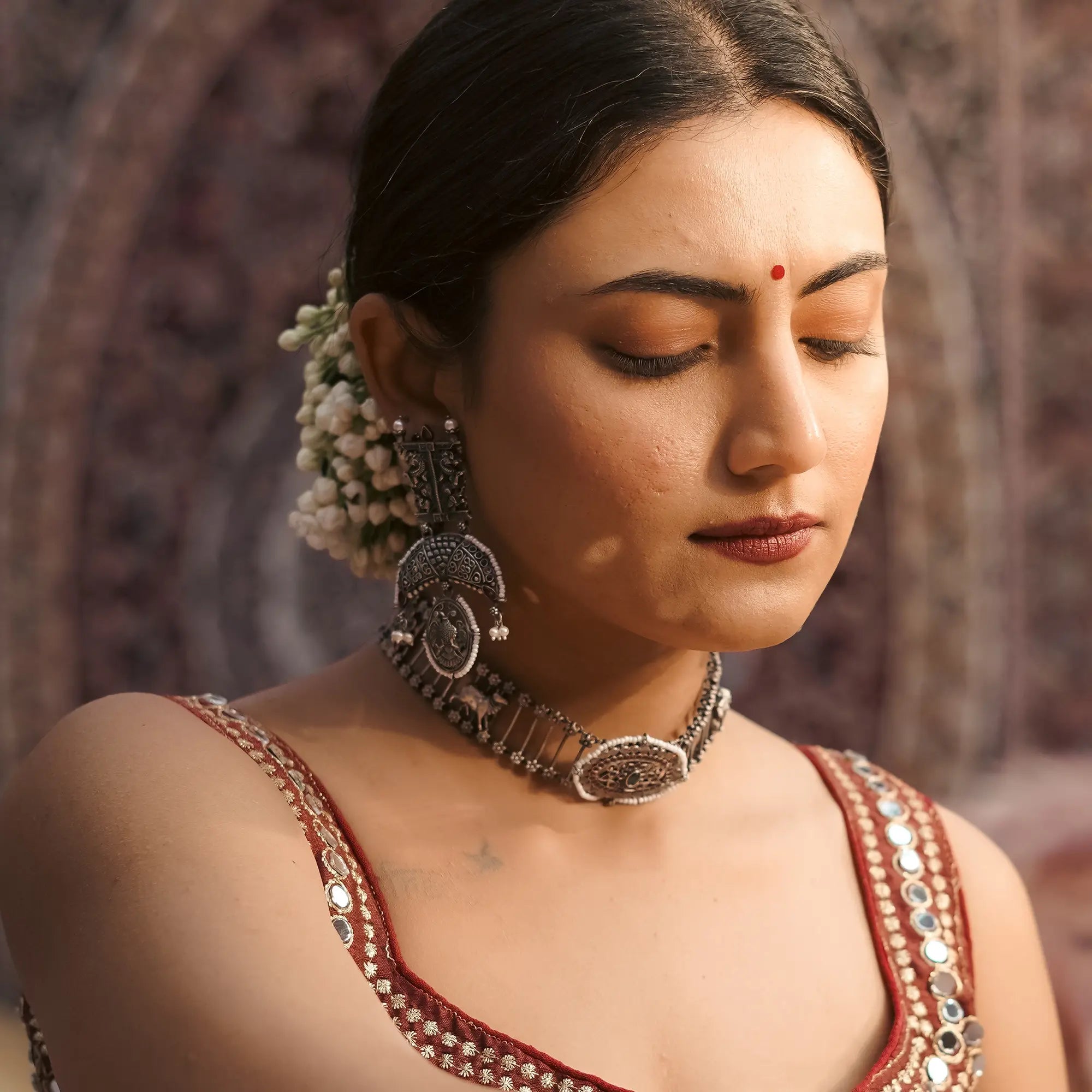 Stone-Studded Drop Earrings with Pearl Detailing