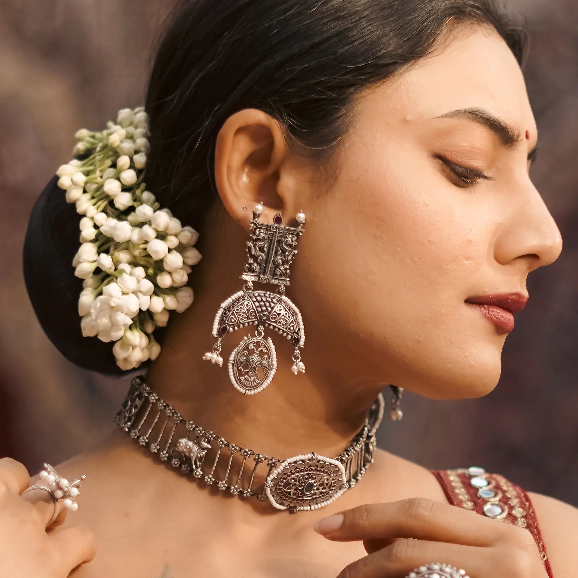 Stone-Studded Drop Earrings with Pearl Detailing
