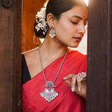 Handmade Long Silver Chain with Round Beads and Big Pendant with Hanging Pearls