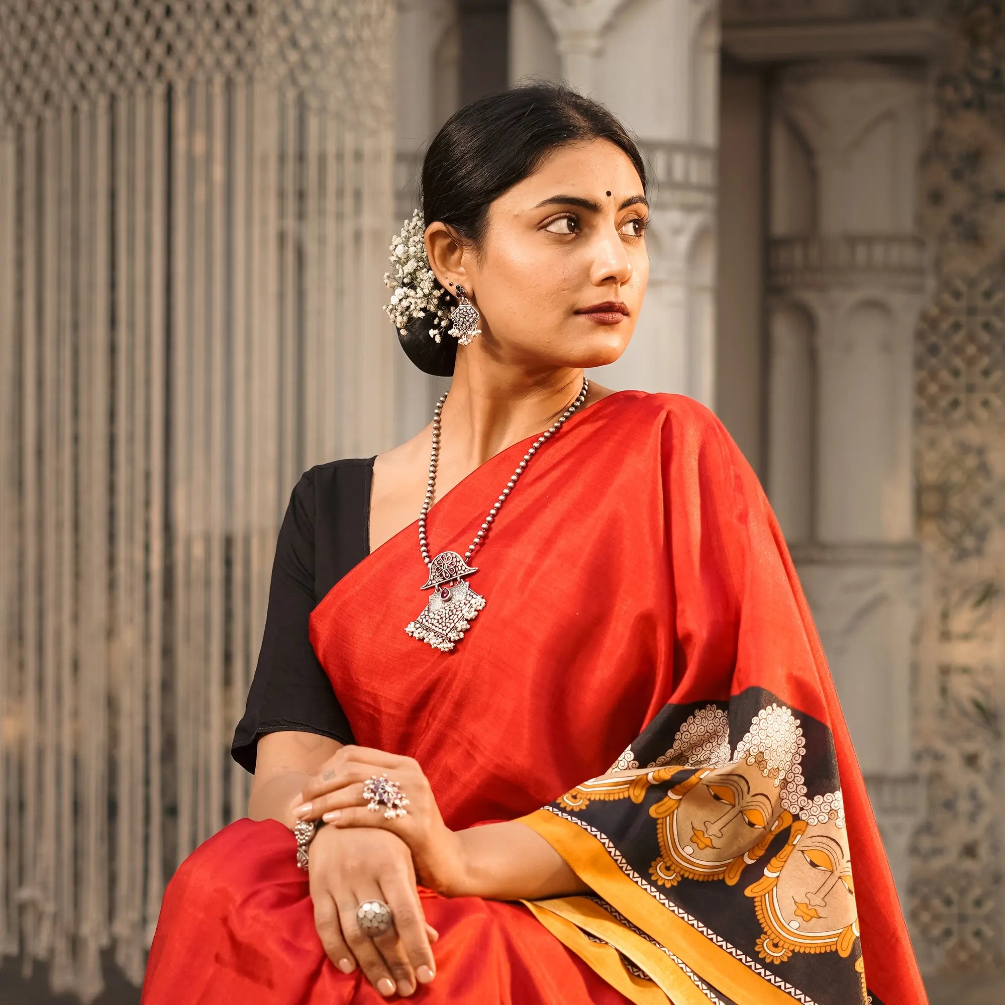 Handmade Long Silver Necklace with Bits Chain and Hanging Ghungroo Design