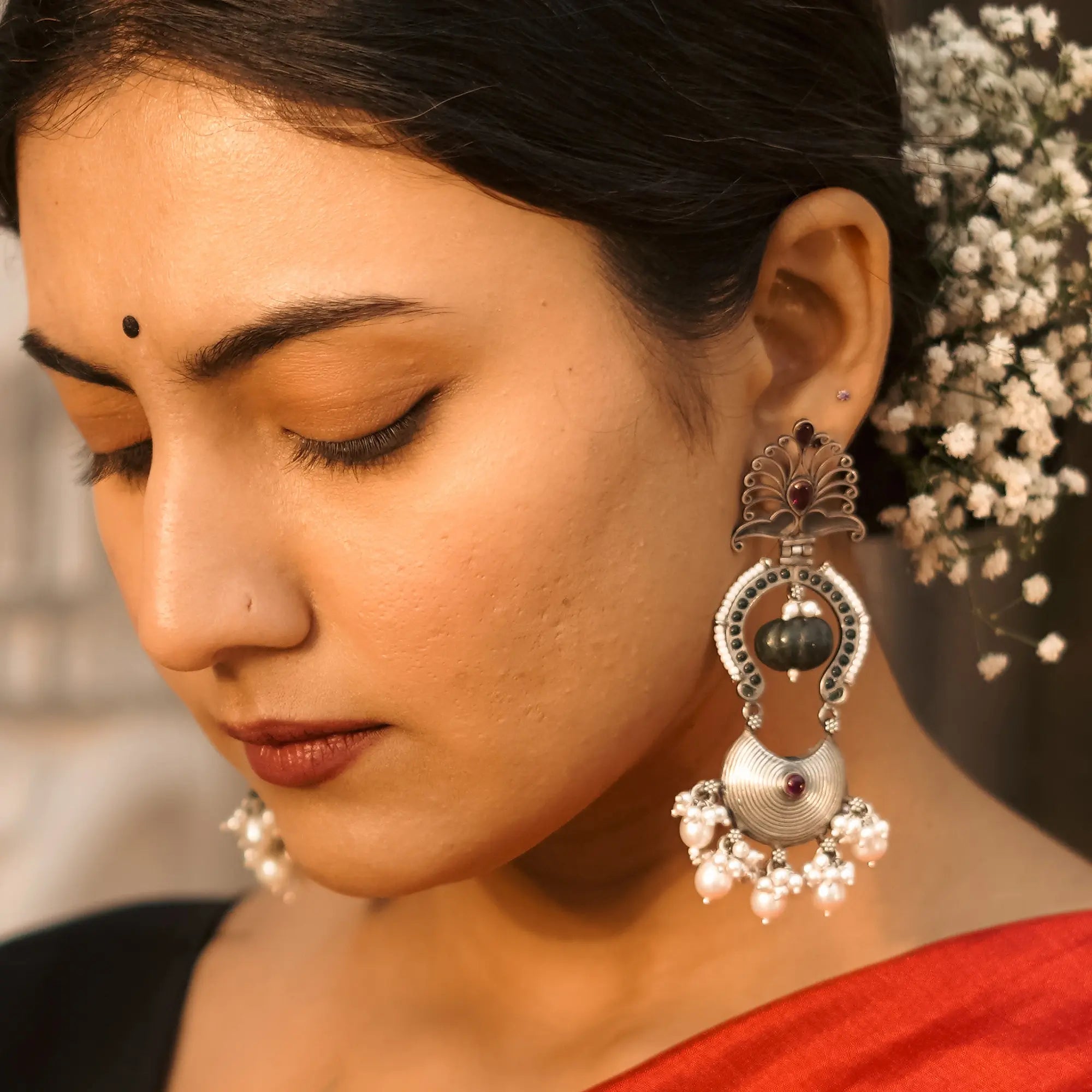 Long Silver Earrings With Peacock Motiff- Leelankit Special Edition