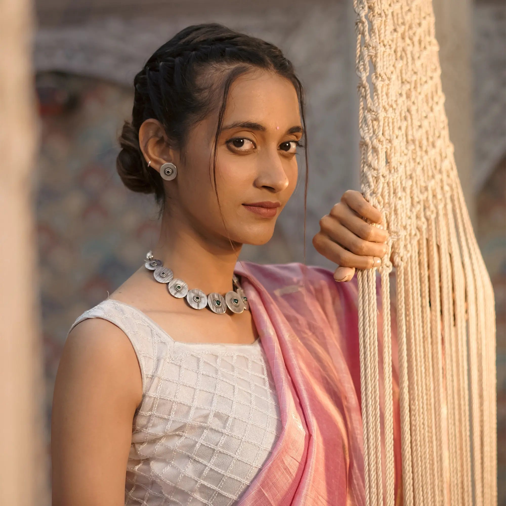 Handstriped Round Necklace Earring Set | Leelankit Special