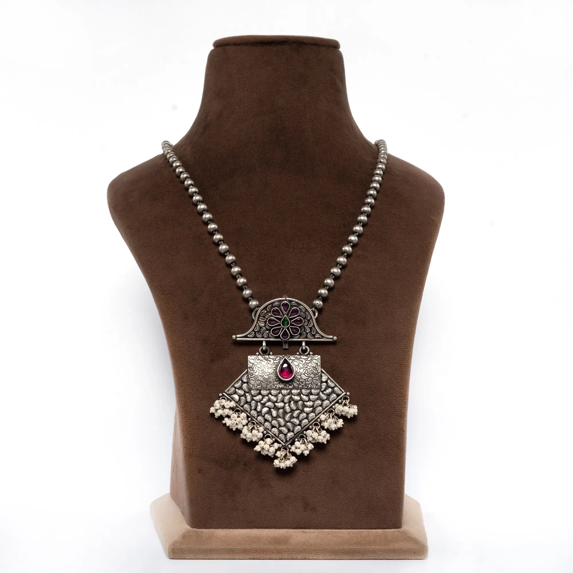 Handmade Long Silver Necklace with Bits Chain and Hanging Ghungroo Design