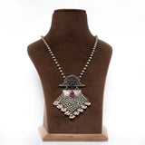 Handmade Long Silver Necklace with Bits Chain and Hanging Ghungroo Design