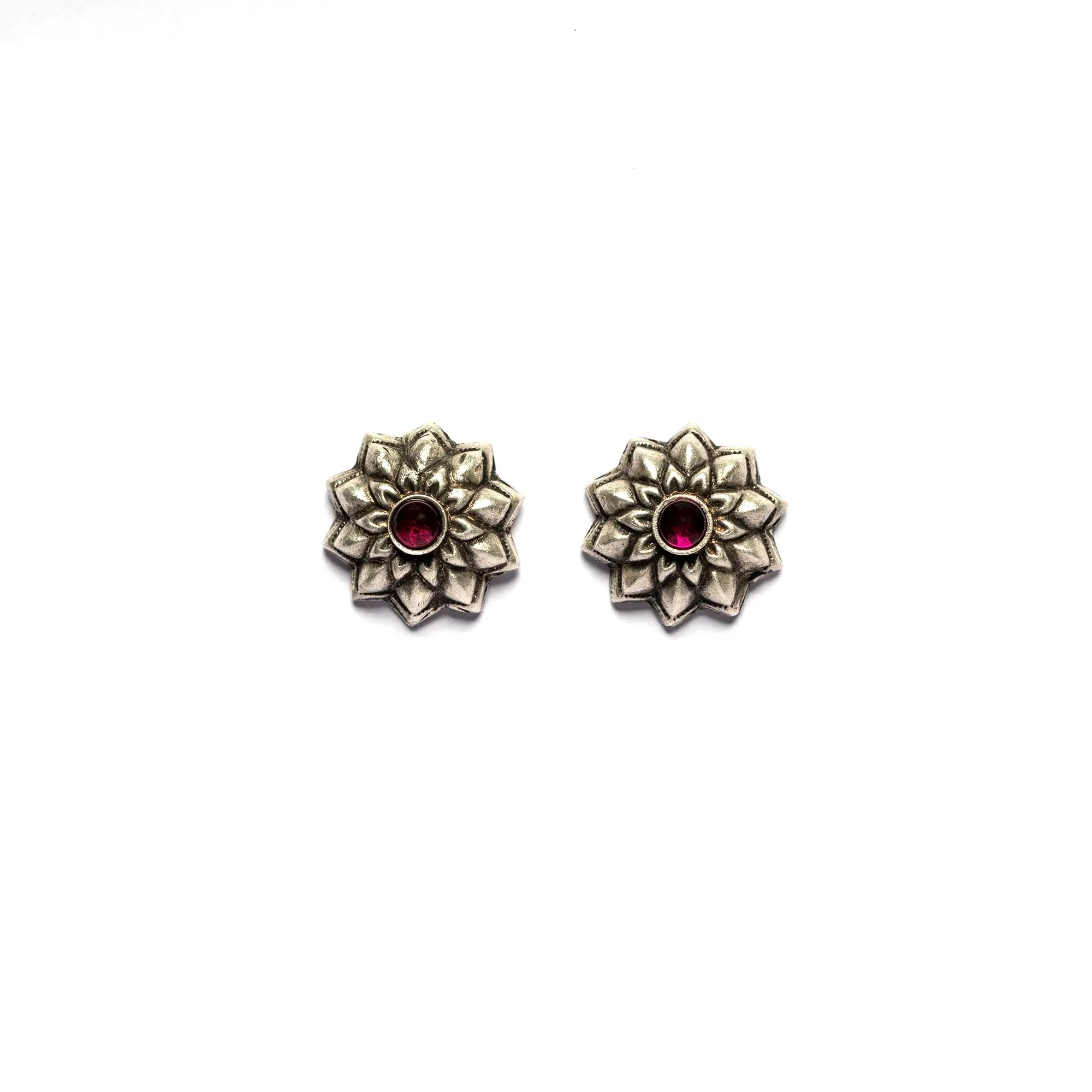 Handmade Round Silver Stud Earrings with Red Stone