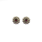 Handmade Round Silver Stud Earrings with Red Stone