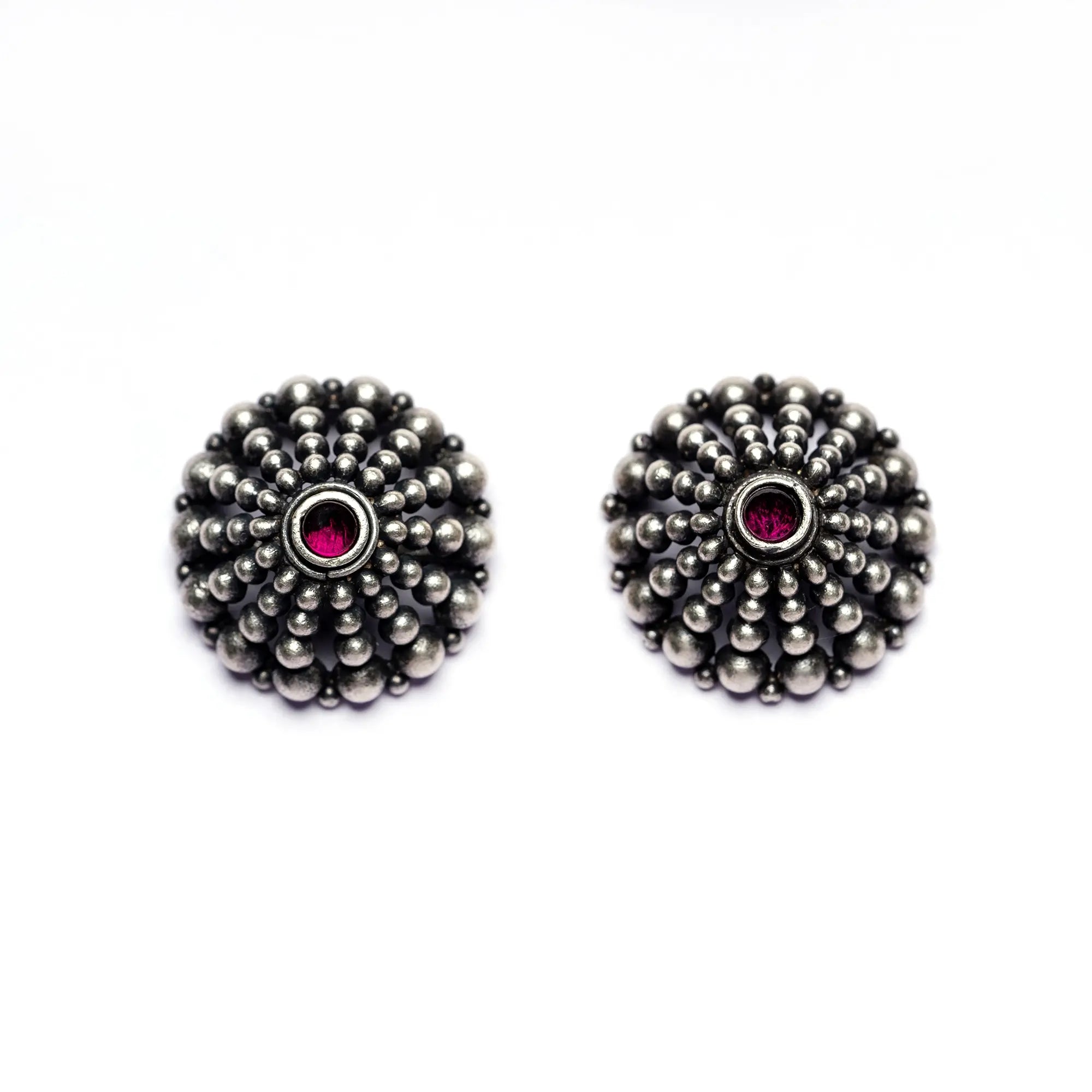 Round Silver Earrings with Red Top Stone