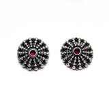 Round Silver Earrings with Red Top Stone
