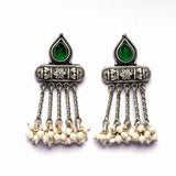 Handcrafted Hanging Pearl Earrings with Green Stone