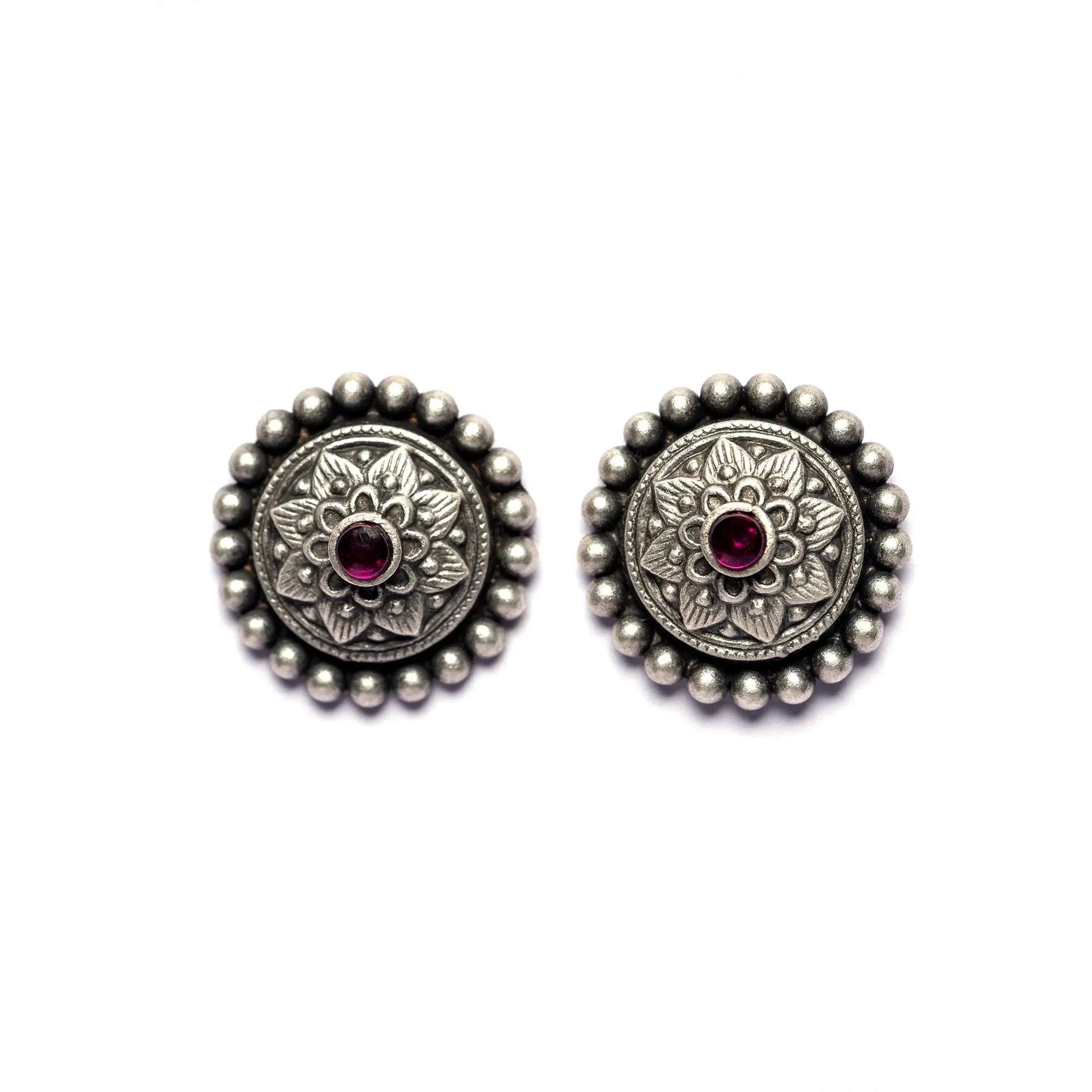 Handmade Floral Round Silver Stud Earrings