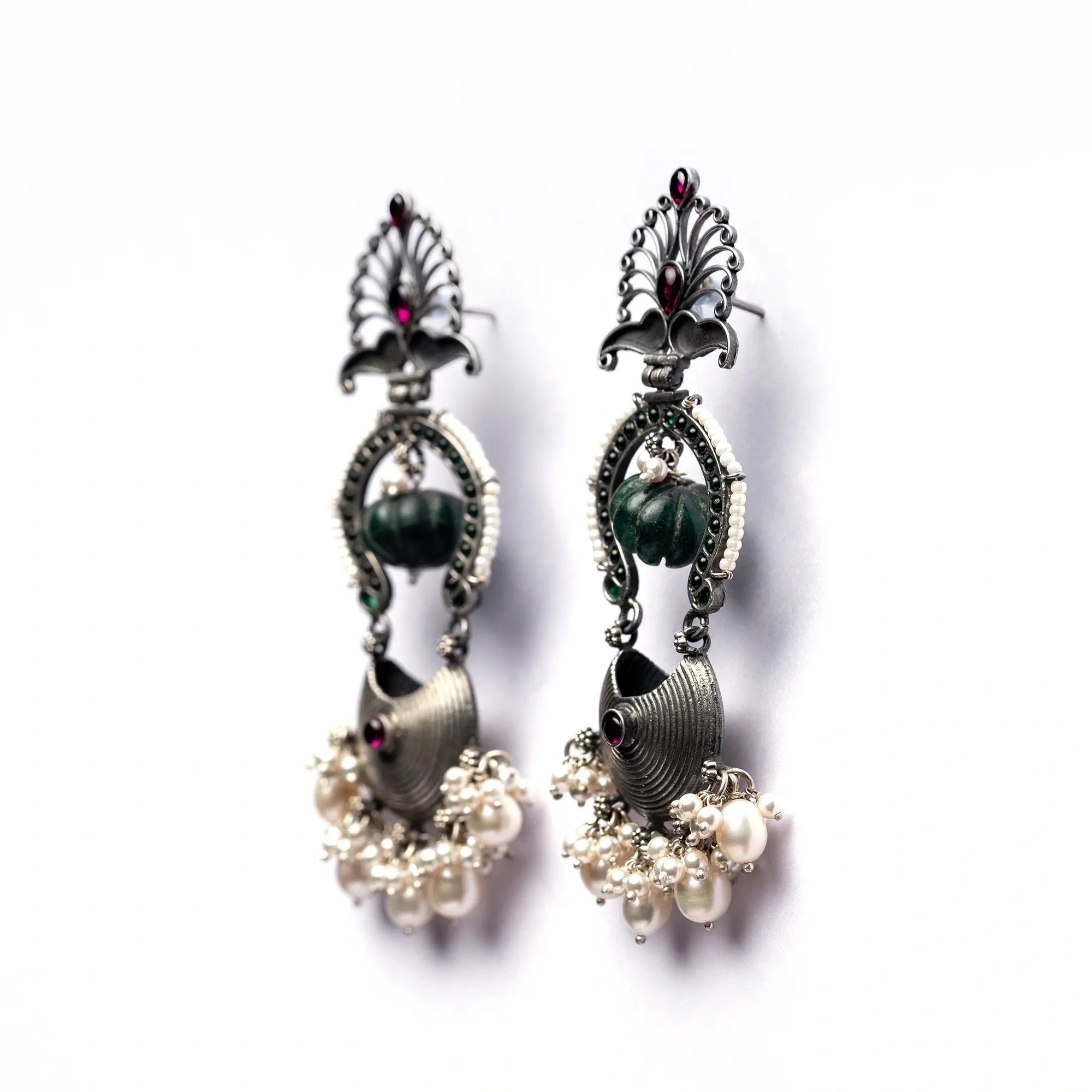 Long Silver Earrings With Peacock Motiff- Leelankit Special Edition