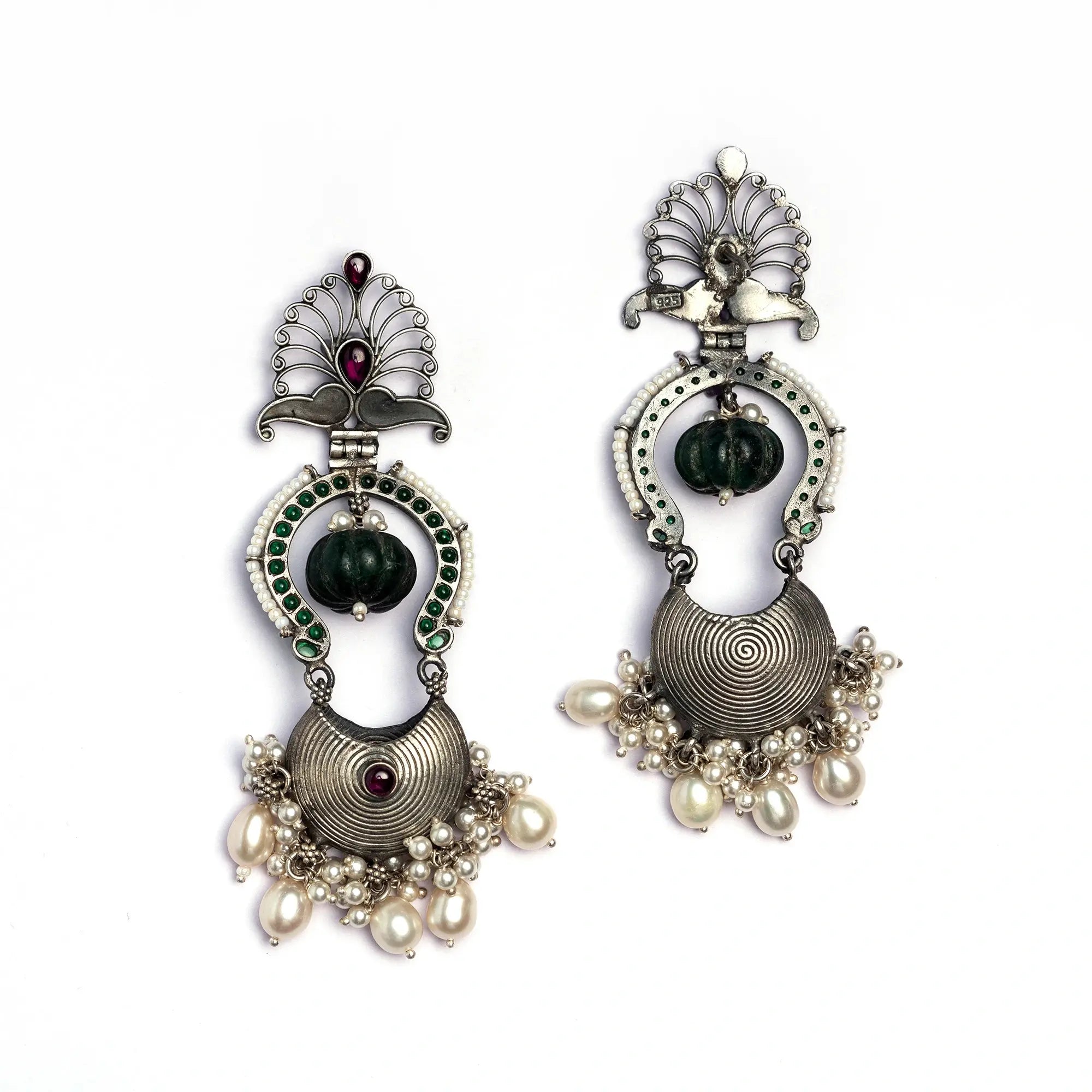 Long Silver Earrings With Peacock Motiff- Leelankit Special Edition