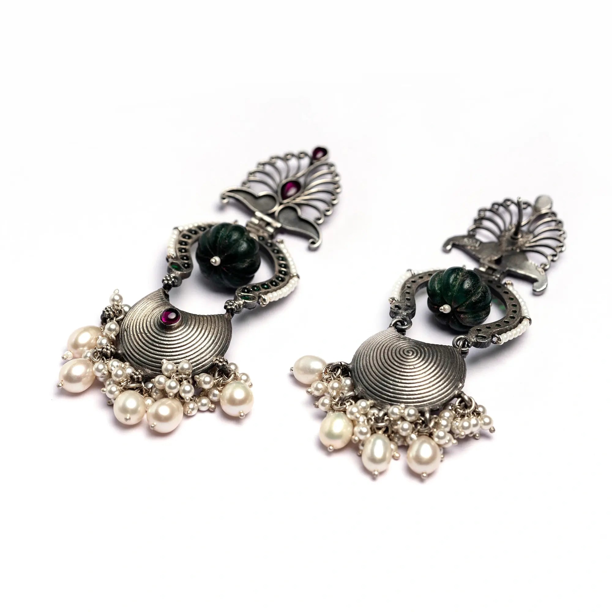 Long Silver Earrings With Peacock Motiff- Leelankit Special Edition