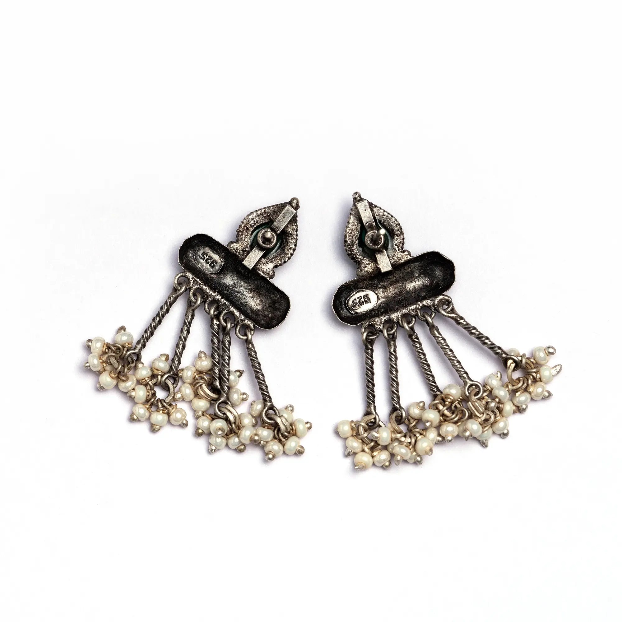 Handcrafted Hanging Pearl Earrings with Green Stone