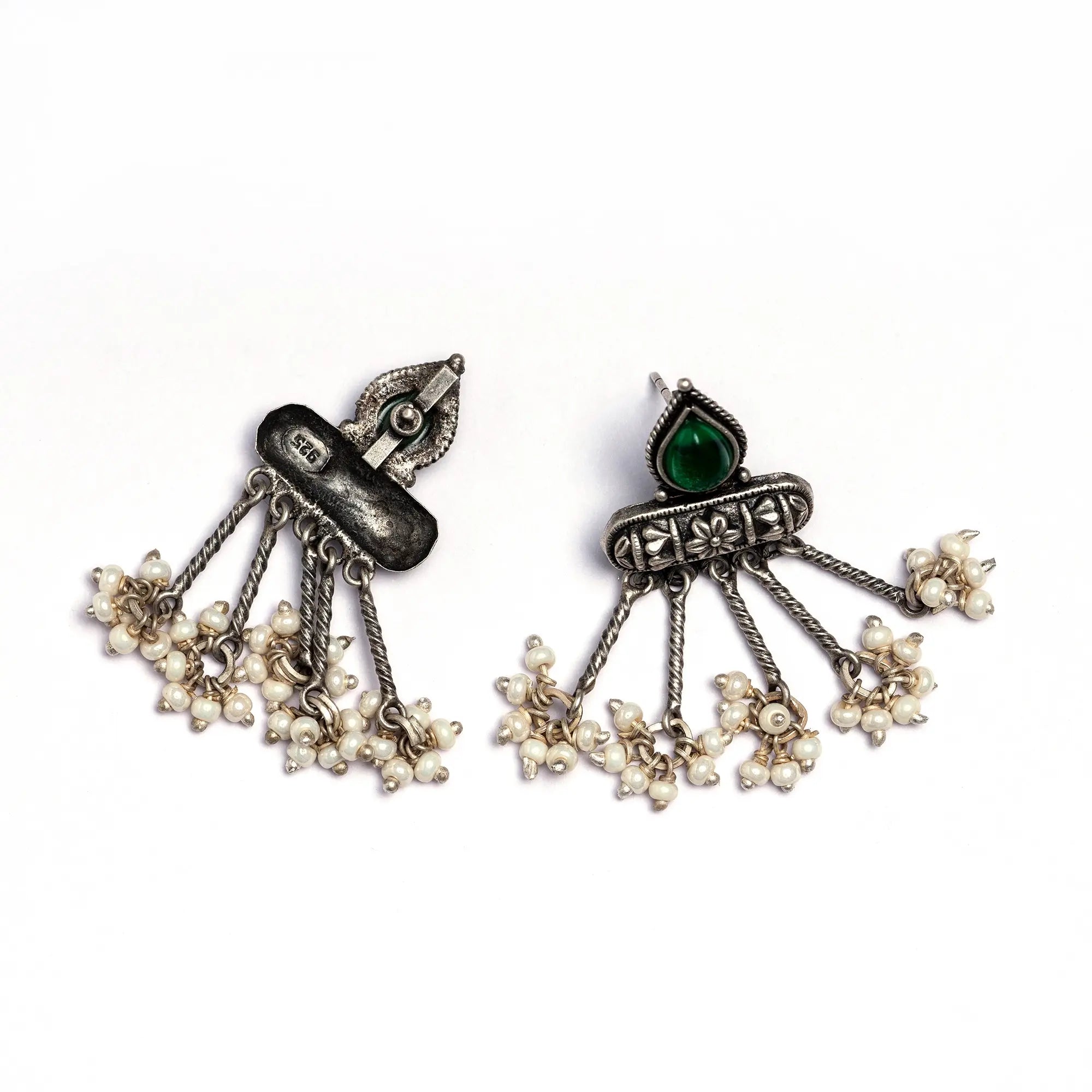 Handcrafted Hanging Pearl Earrings with Green Stone