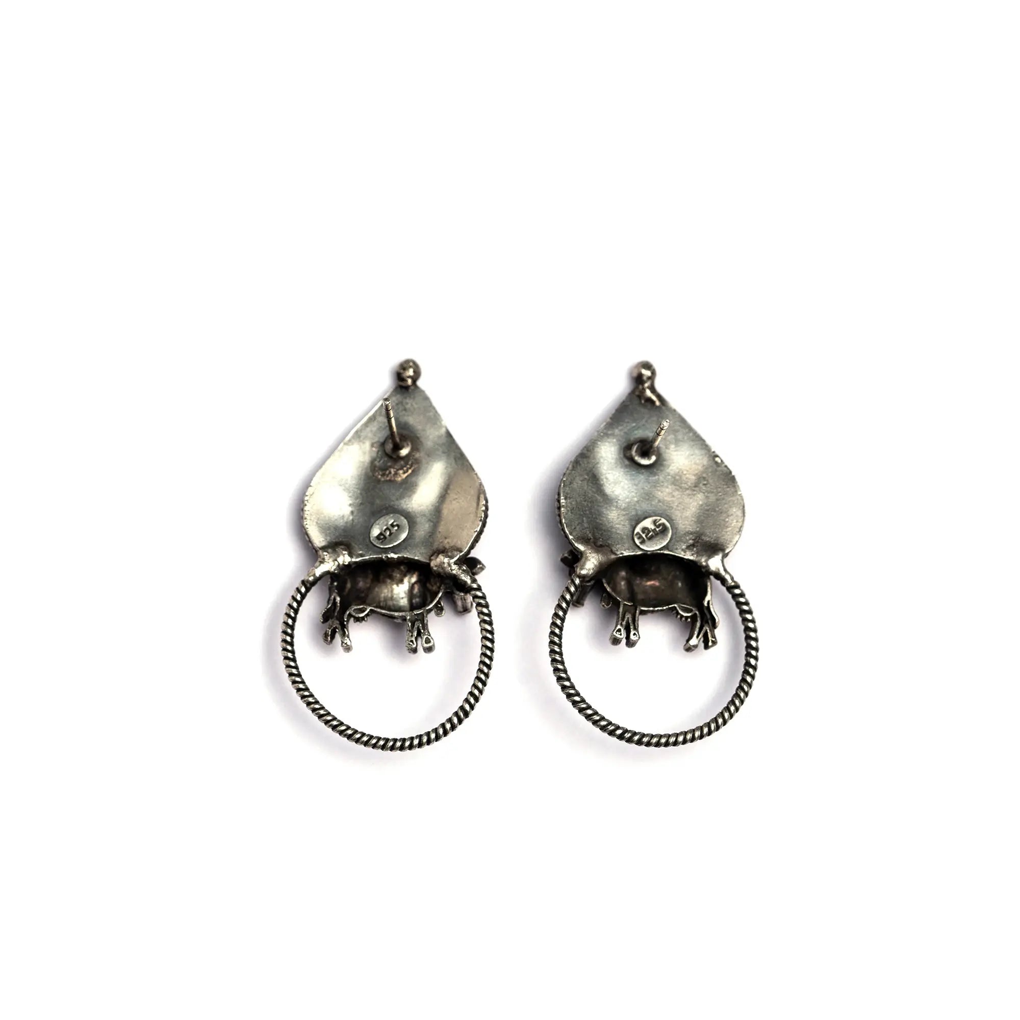 Handmade Silver Cow Earrings with Leaf Design