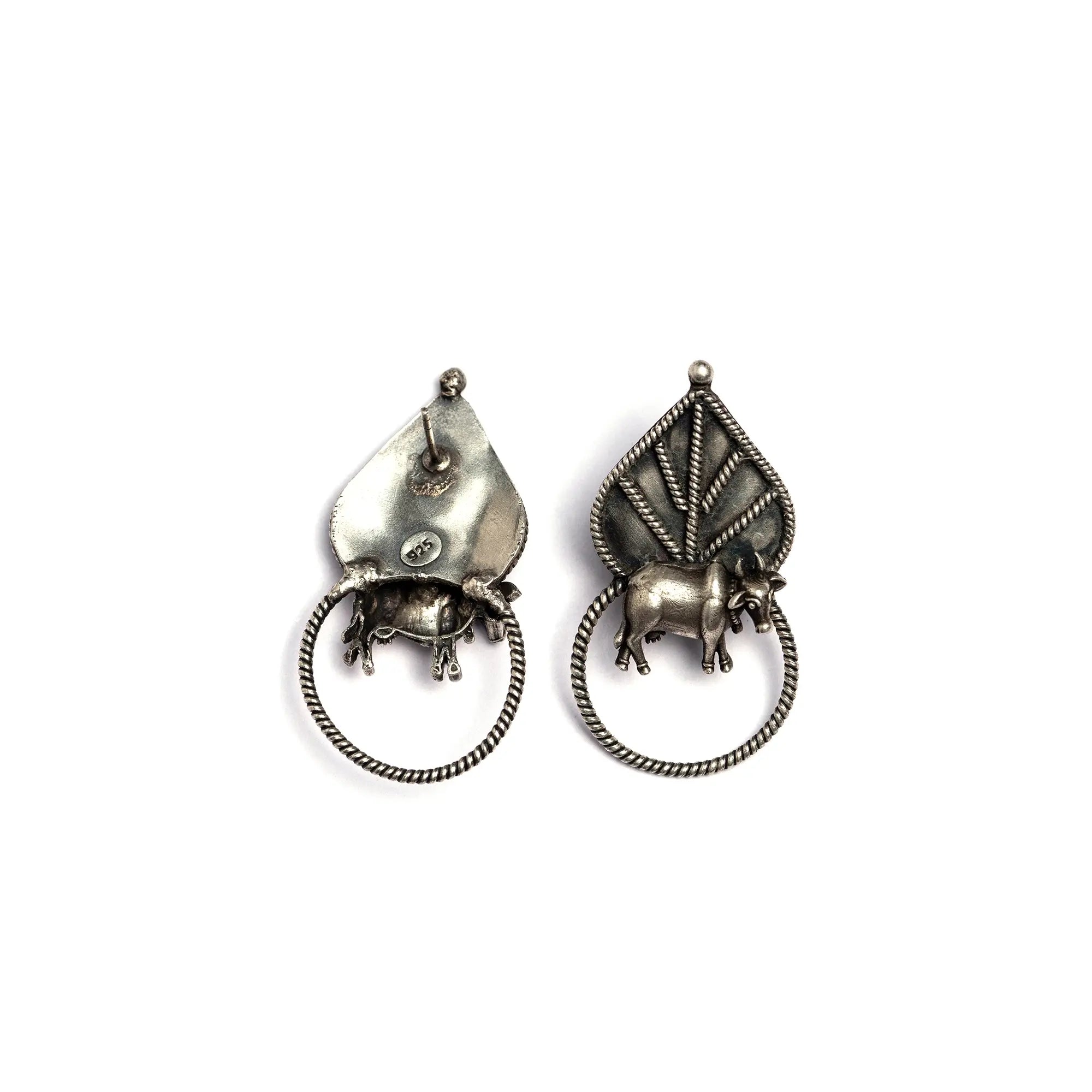 Handmade Silver Cow Earrings with Leaf Design