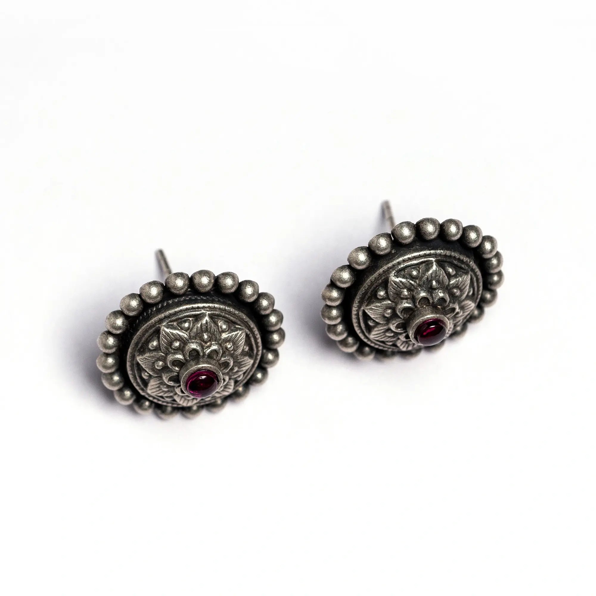 Handmade Floral Round Silver Stud Earrings