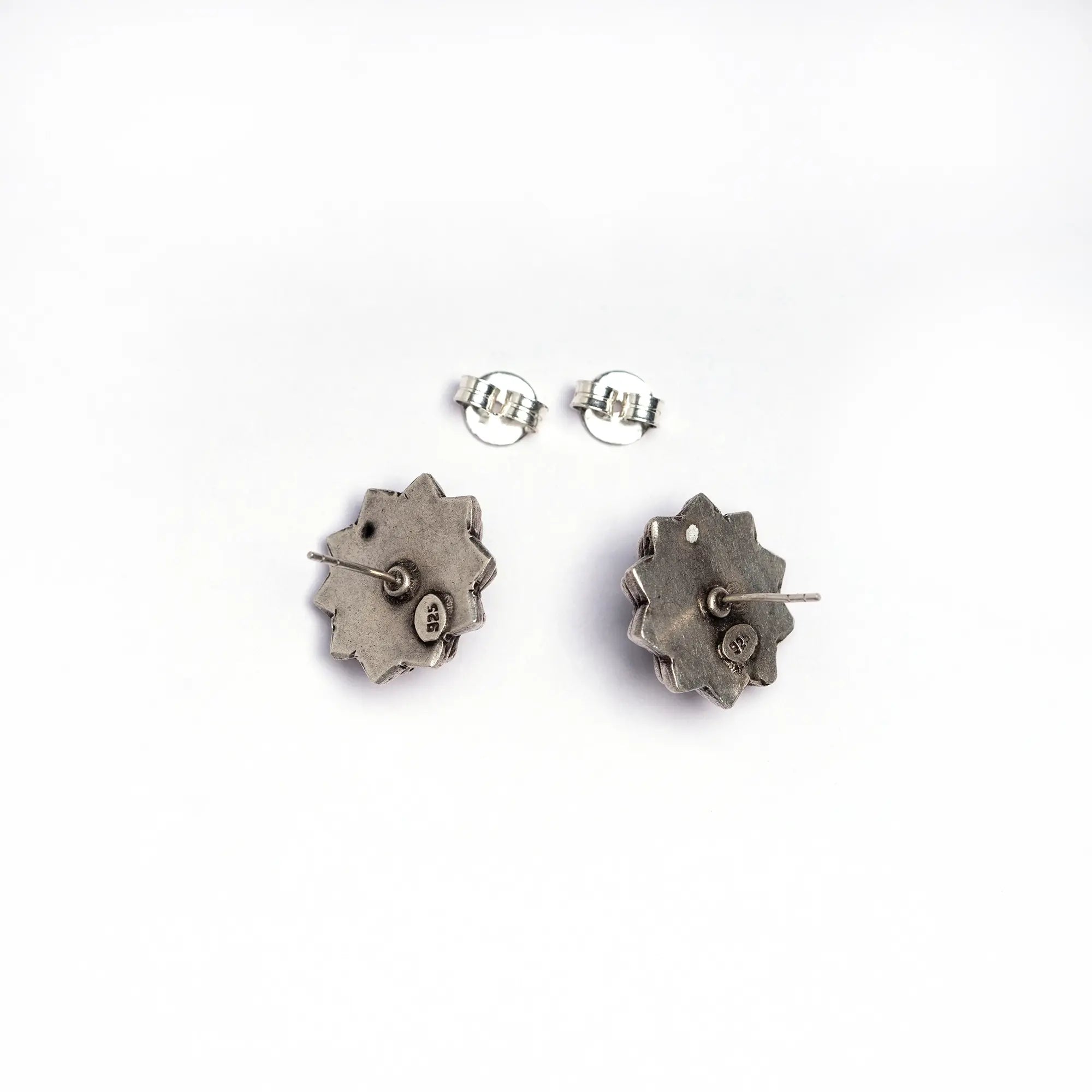 Handmade Round Silver Stud Earrings with Red Stone