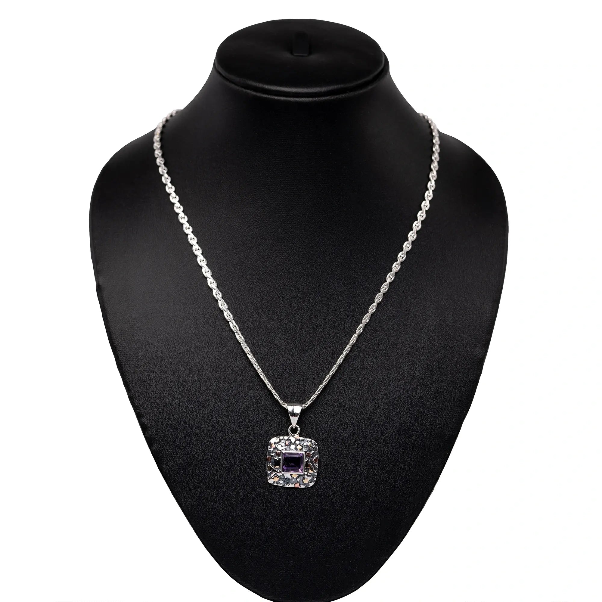 Hand-Forged Silver Pendant with Faceted Natural Stone and Three-Tone Plating