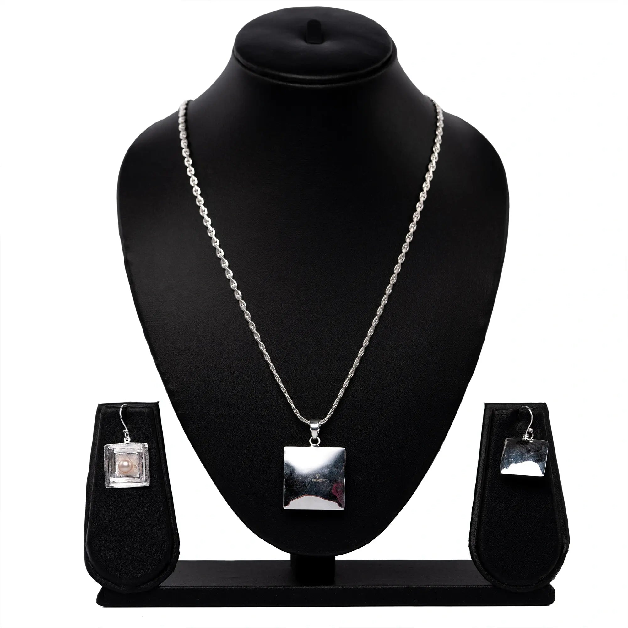 Multi Layer Square Pearl Pendant Earring Set with White Pearl