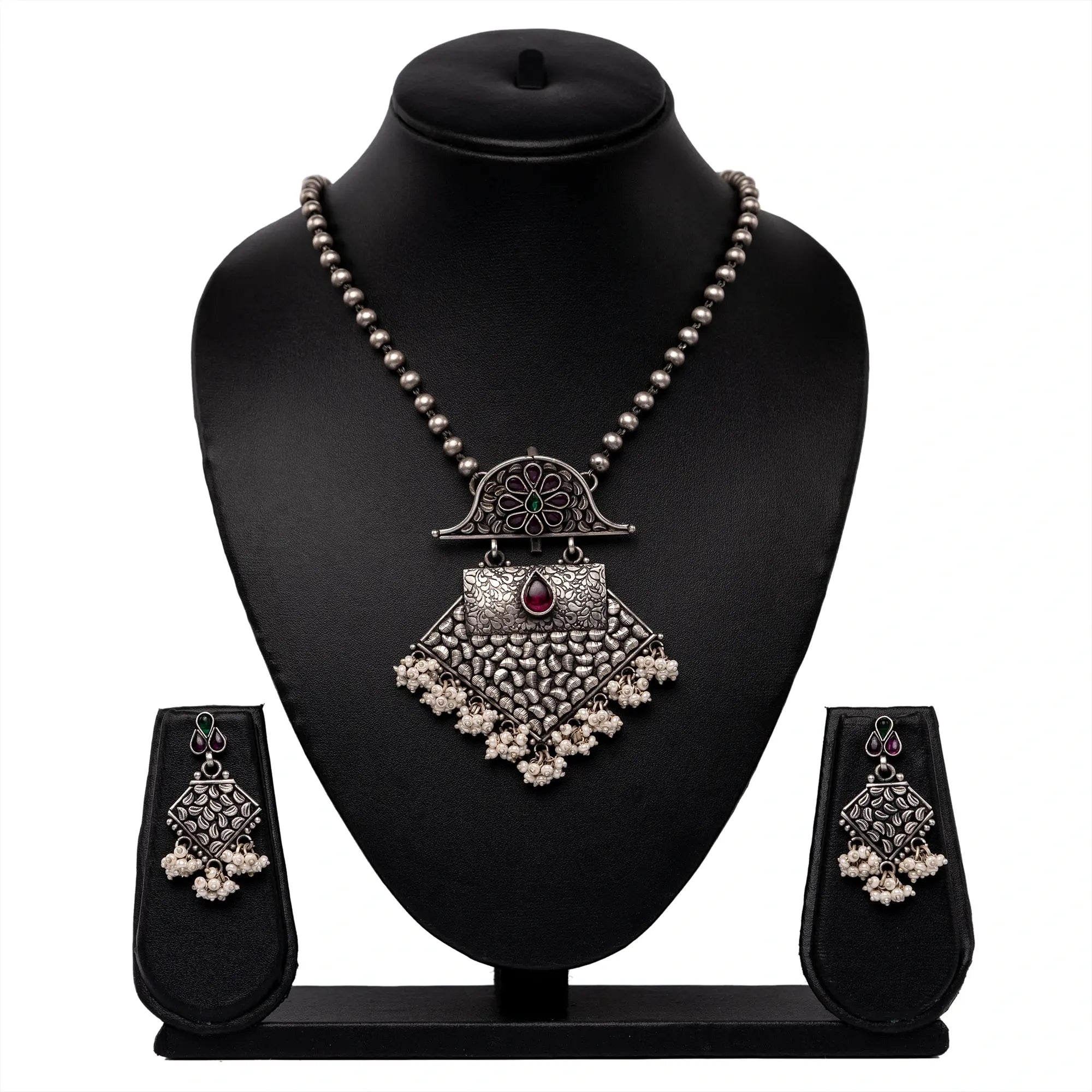 Handmade Long Silver Chain with Round Beads and Big Pendant with Hanging Pearls