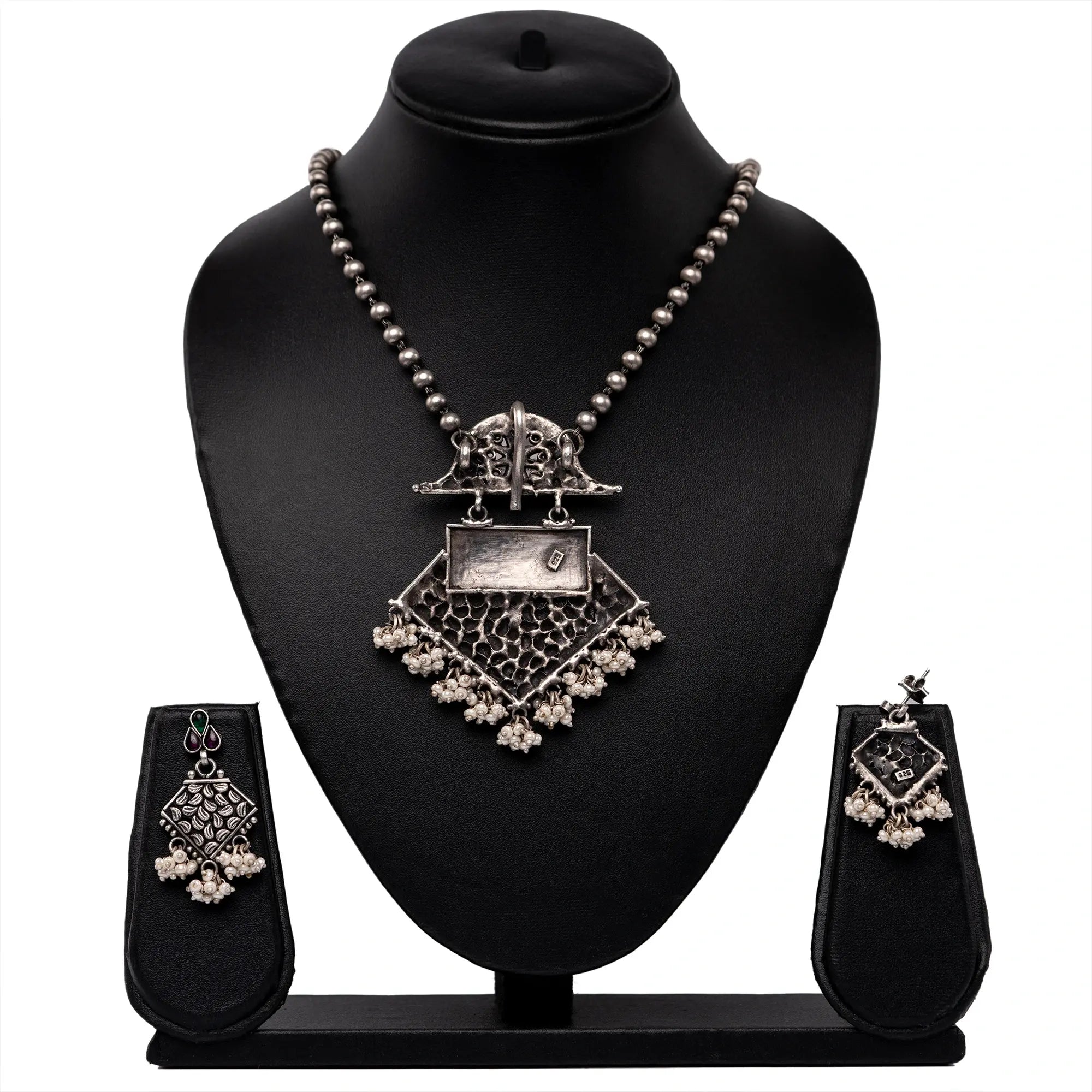 Handmade Long Silver Chain with Round Beads and Big Pendant with Hanging Pearls