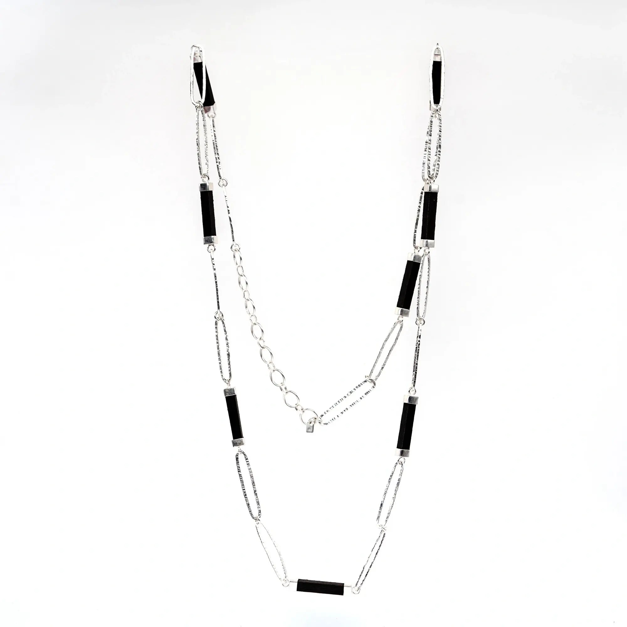Silver Long Chain Necklace with Wooden Pieces